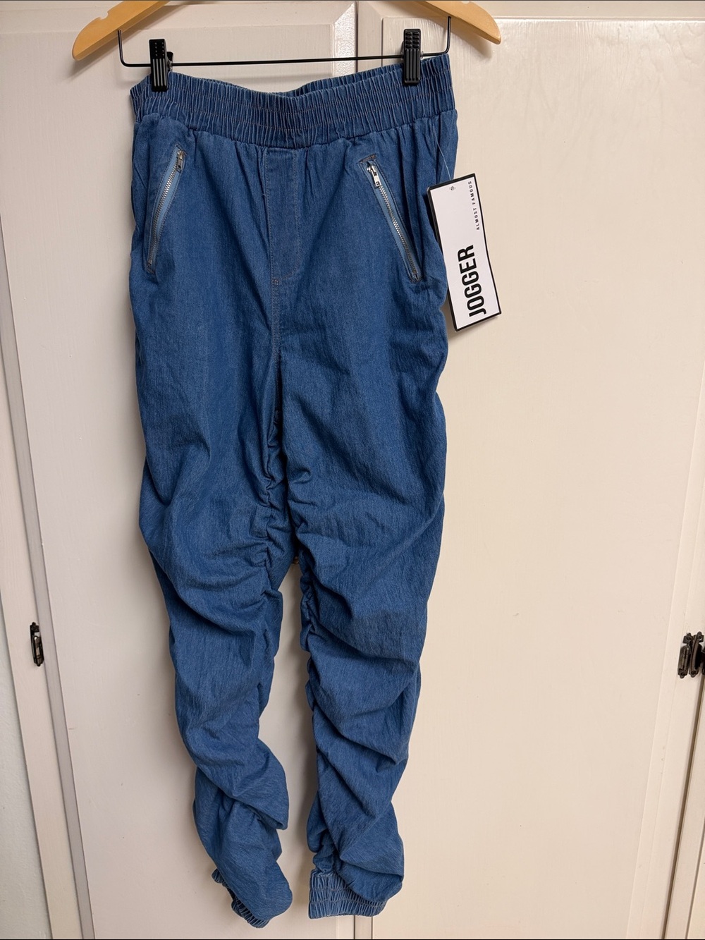 Almost Famous Blue Denim-Look Elastic Waist Pants